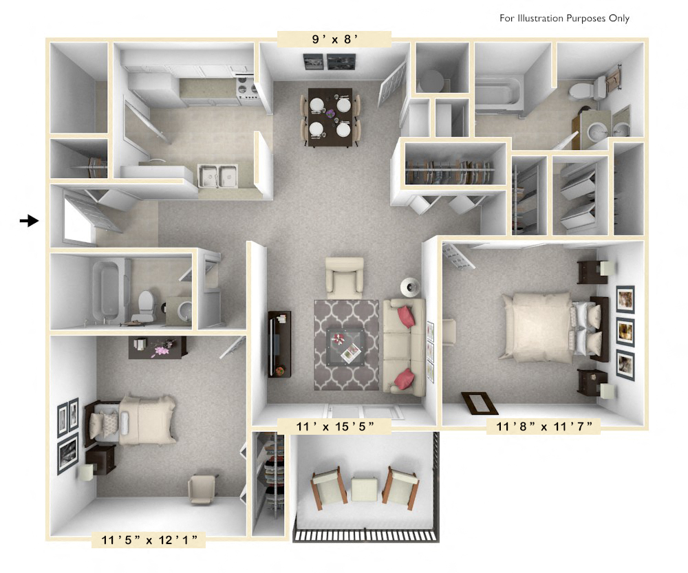 The Marina - 2 BR 2 BA Floor Plan at Scarborough Lake Apartments, Indianapolis, 46254